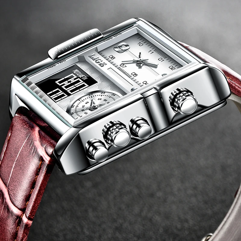 

LIGE Luxury Top Men Quartz Analog Digital Sport Watches Military LED Watch Men's Waterproof Clock Square Dial Leather Wristwatch