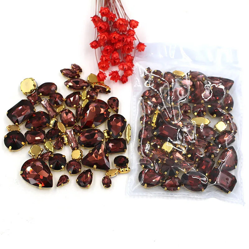 NEW 50pcs/bag mixed shape gold base glass rhinestones Wine red flatback sew on rhinestones diy clothing accessories