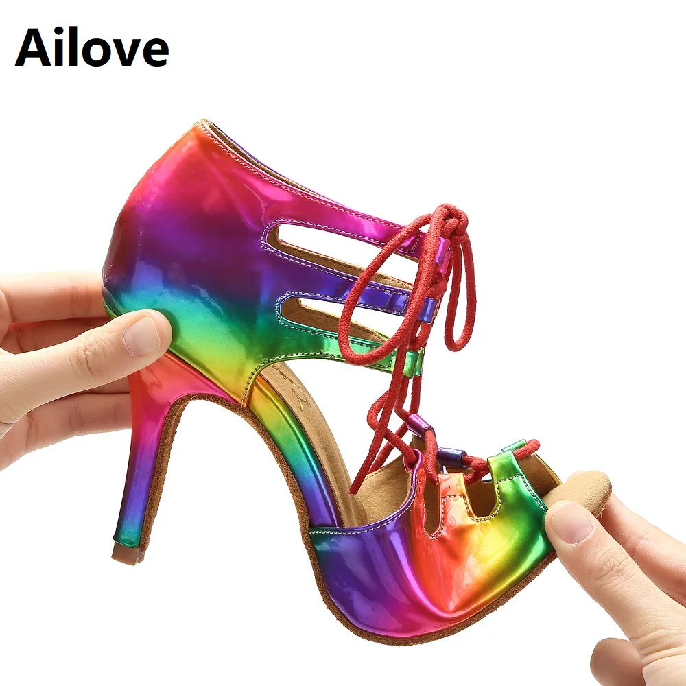 Women Ballroom Latin Dance Shoes Lady Lace-Up Salsa Dancing Sandals Bright Rainbow PU Indoor Sports Heels ALS052