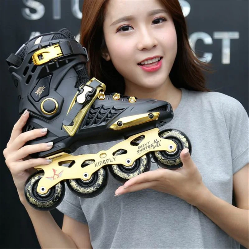 Daily Outdoor Street Roller Skating Wear Shoes Kids Adults Male Female 4 Wheels Inline Patines 85A PU ABEC-7 Bearing Black Gold