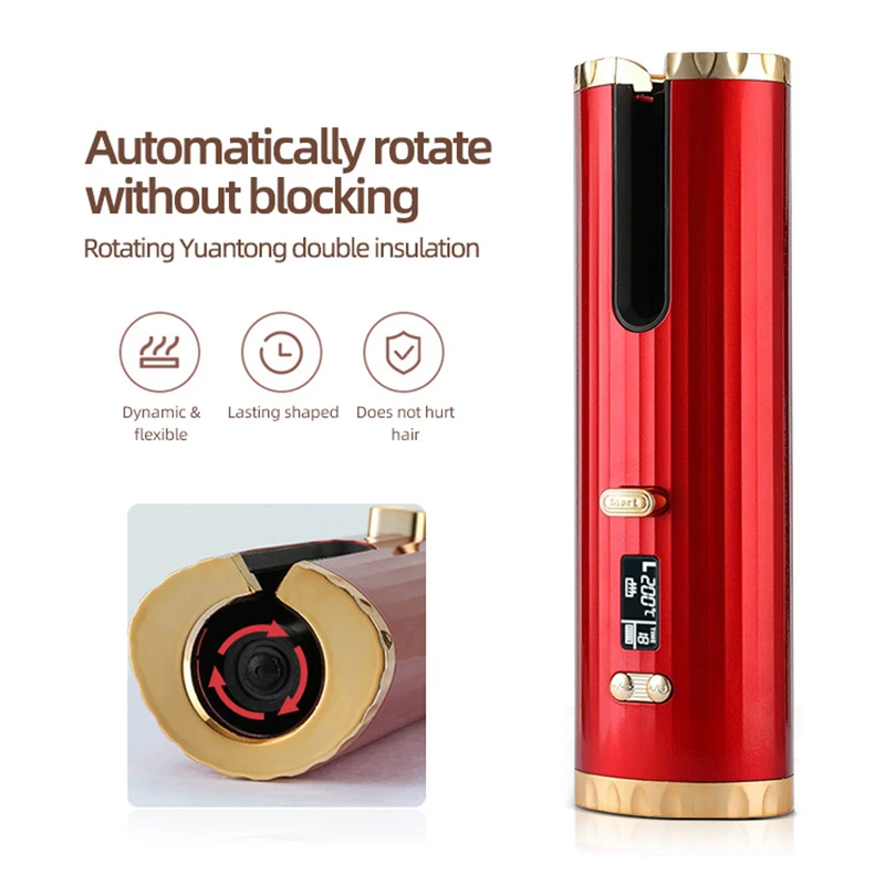 Cordless Automatic Curling Iron USB Charging Curling Iron Electric Ceramic Heating Wave Type LED Rotating 360° Curling Iron Riwa