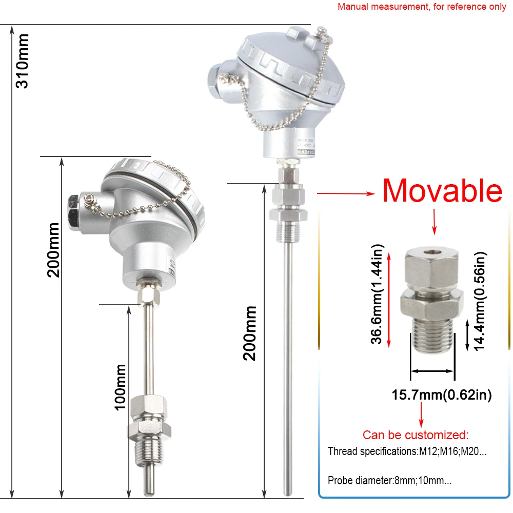 Movable thread M16 M20 PT100 temperature sensor probe transmitter armored explosion-proof platinum RTD thermocouple resistance