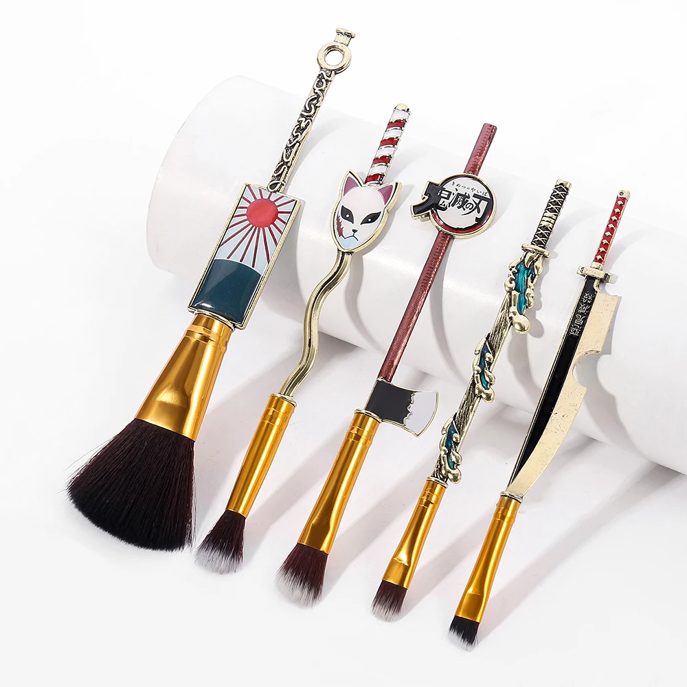 5pcs Makeup Brush Set Anime Demon Slayer Makeup Brush Tool Face Cosmetic Powder Highlight Blending Eyebrow Eyeshadow Brush Kit