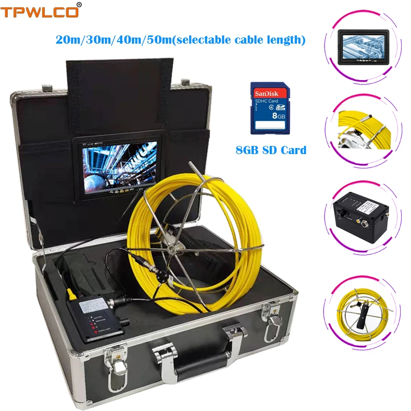 

7" 1000TVL Pipe Sewer Inspection Industrial System 8GB SD Card With DVR Recording 6.5mm Video Endoscope Camera 20-50m Cable