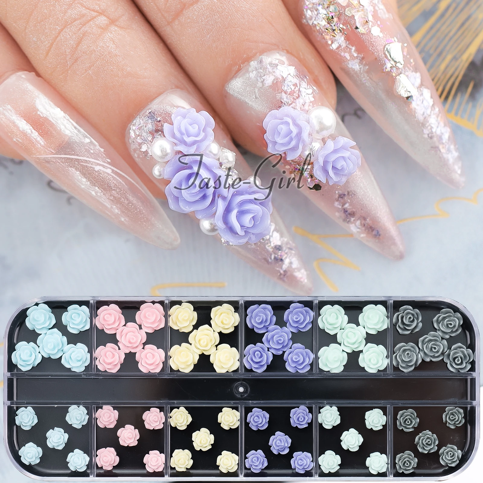 1 Box 60PCS 3D Acrylic Flower Nail Art Decoration Charms Kit Mixed Design Fake Nails Accesorios Manicure Nail Supplies Decor Set