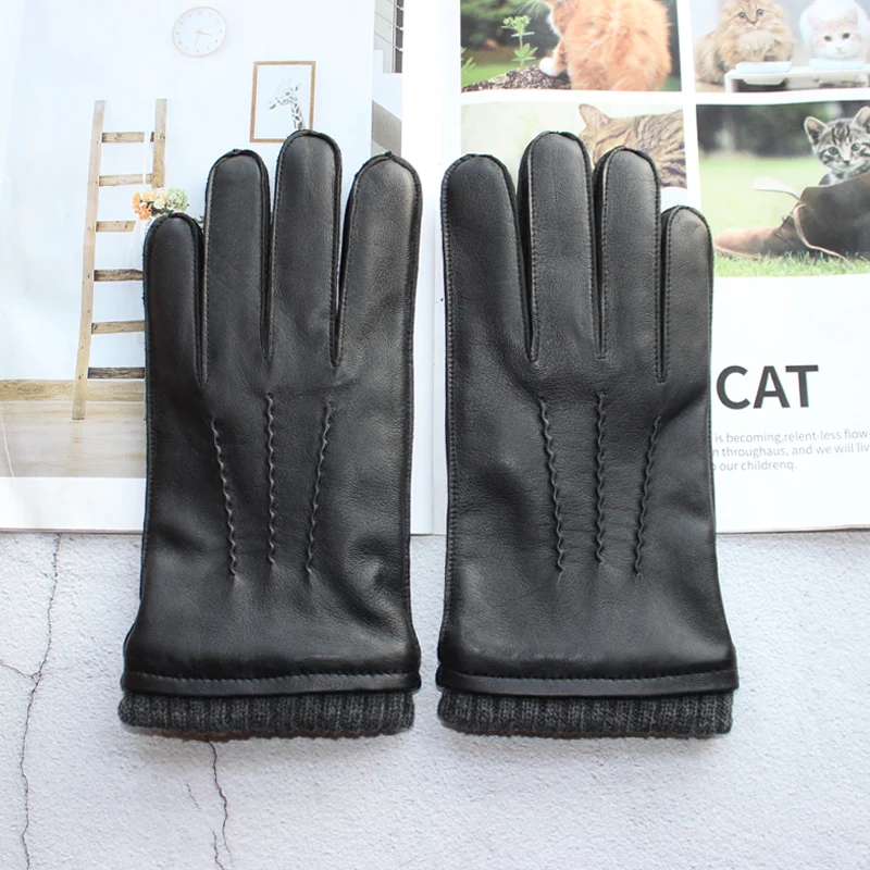 Guantes de piel de oveja para hombre, nuevo estilo, pantalla táctil, a rayas con botones, forro tejido de lana, cuero de terciopelo cálido, para