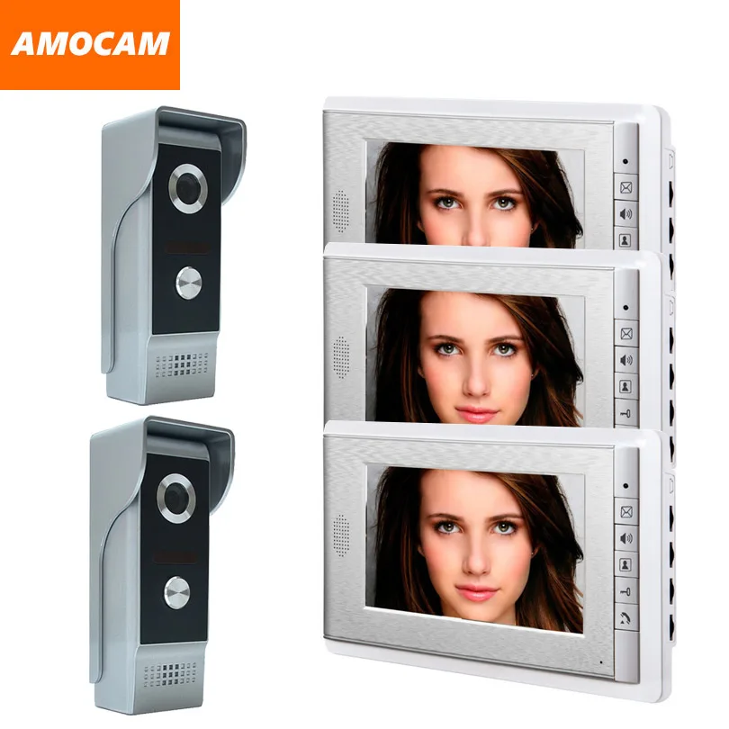 7 inch video door phone intercom doorbell system wired home video doorphone visual intercom video interphone 3 Monitor 2 Camera