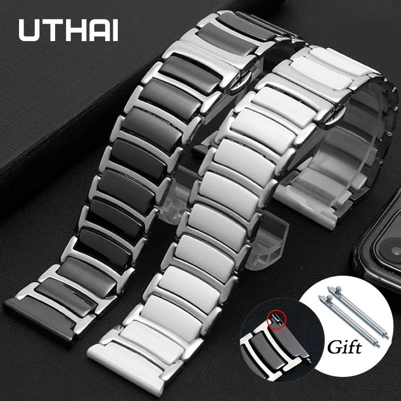 UTHAI Ceramic Strap 20mm 22mm Suitable For Huawei Smartwatch GT2/watch 2Pro/Samsung Watch Accessories Stainless Steel Strap C08