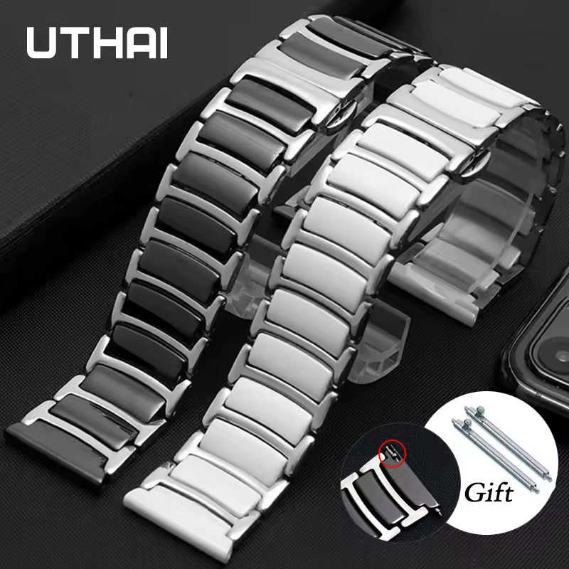 Ремешок UTHAI из керамики 20 мм 22 мм подходит для смарт-часов Huawei GT2/watch 2Pro/Samsung Watch. Аксессуары: ремешок из нержавеющей стали C08.