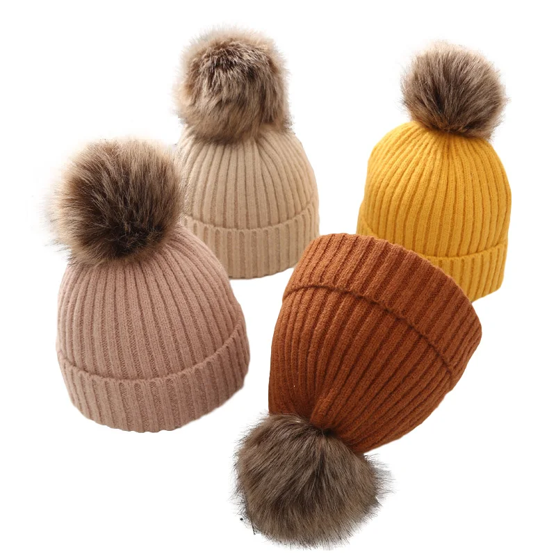 Winter Kids Knitted Hat Beanie For Baby Infant Girls Boys Warm Pure Color Thickened Ball Newborn Photography Autumn