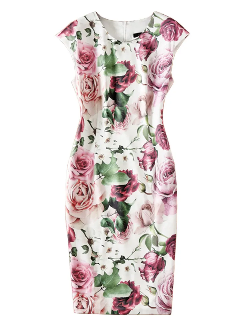 

Flower Print Women Sheath Dress O-Neck Sleeveless Dresses