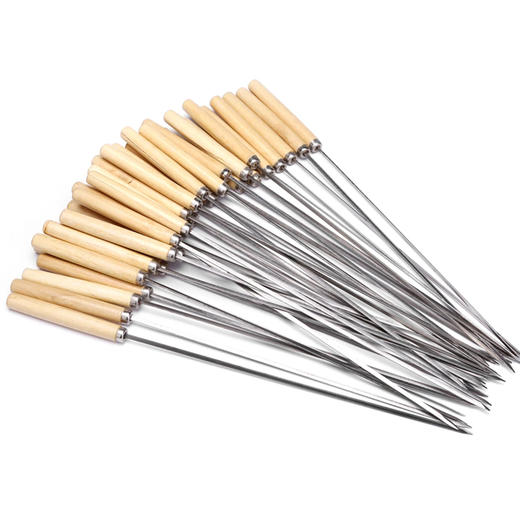 20Pcs/Set Barbecue Skewer Wooden Handle Stainless Steel Kabob Skewer BBQ Stick Outdoor Camping Kitchen BBQ Tools Accessories