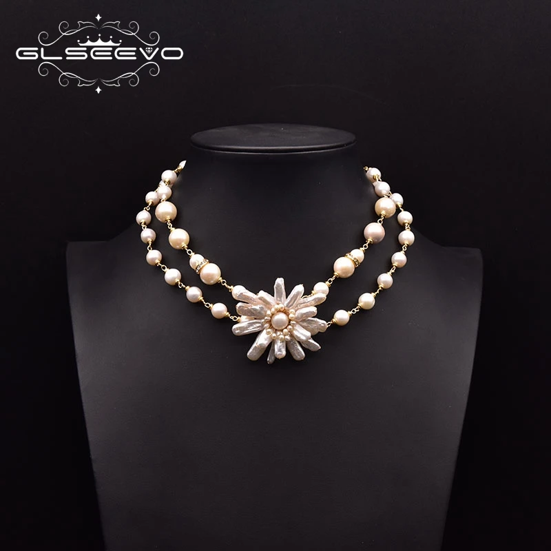 GLSEEVO Natural Baroque Freshwater Pearl Necklace For Woman Wedding  Gift Double Necklace Flower Style Fashion Jewelry GN0272