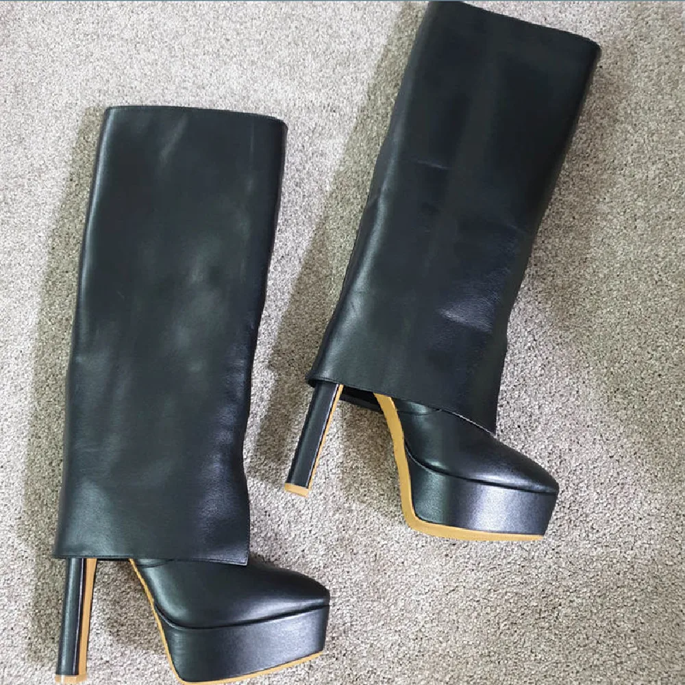 

Autumn Winter New Designer Women's Genuine Leather Platform High-heeled Pointed Toe Knee Boots EU35-41 Size BY847