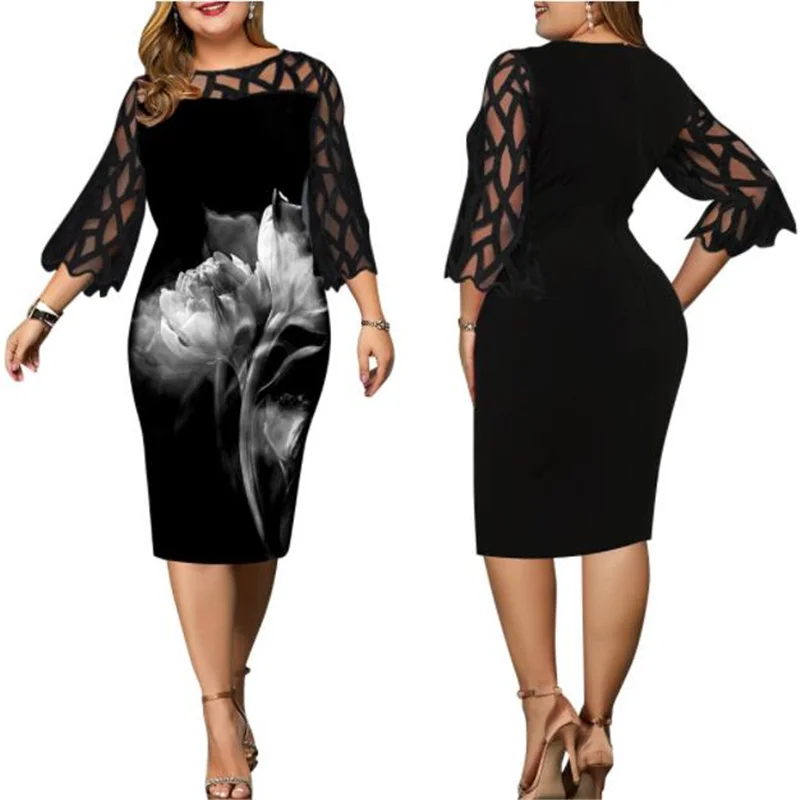 Oversize Digitale Gedrukt Lace Stiksels Jurk Vrouwen O-hals Losse Elegante Drie-Kwart Mouw Jurk Casual Plus Size Femme Jurk