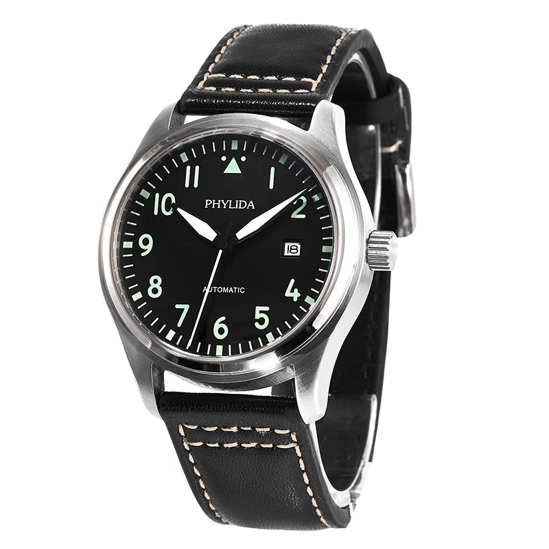 42mm Black Pilot Watch 5ATM JAPAN MIYOTA Automatic Domed Sapphire Crystal Full Lumed Genuine Leather Strap