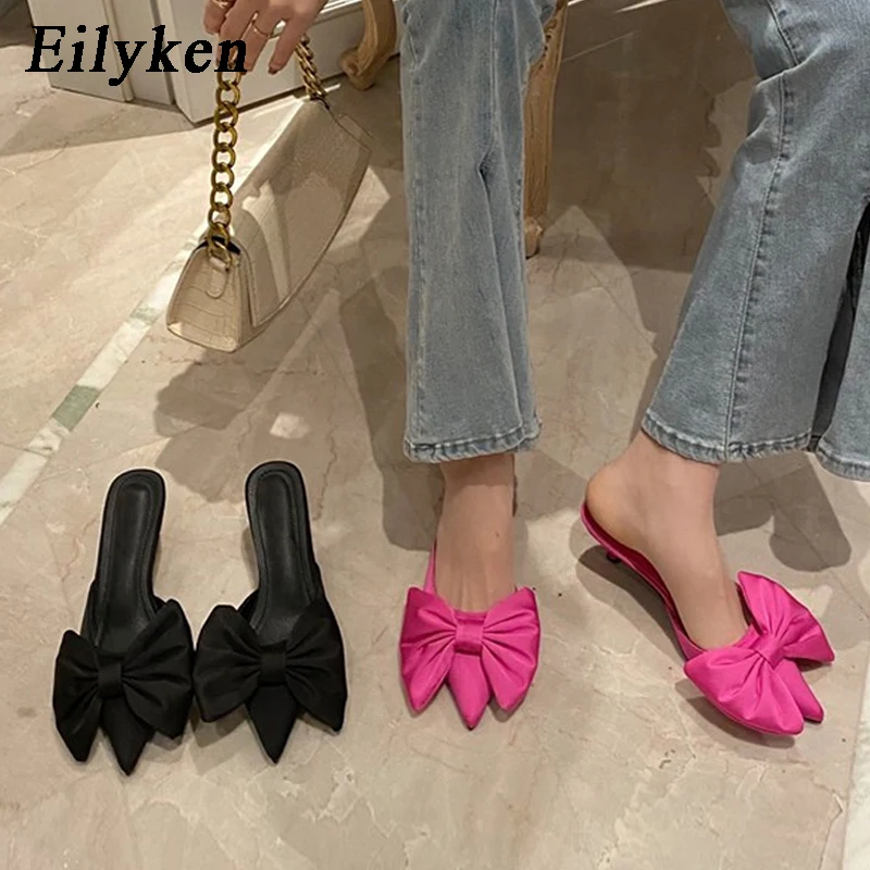 Eilyken New Fashion Butterfly-knot Elegant Dress Pumps Sexy Pointed Toe Shallow Mule Slippers For Women Low Heel  Party Shoes