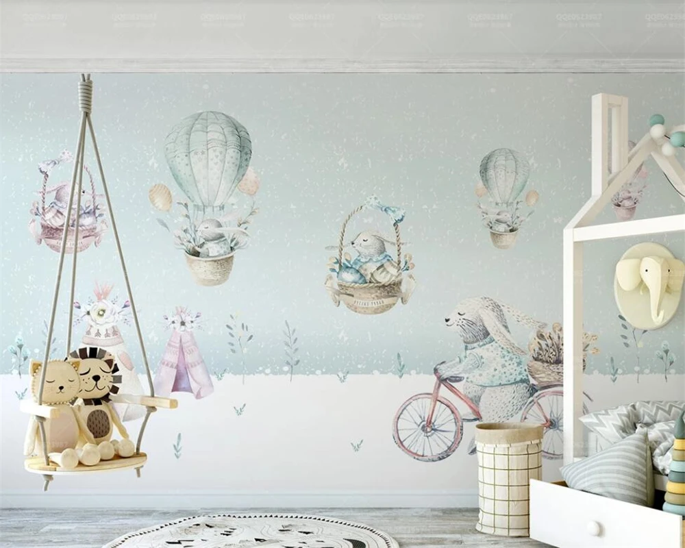 Cartoon hand drawn hot air balloon little white rabbit wallpaper decoration for kids' room nursery room 3d wallpaper