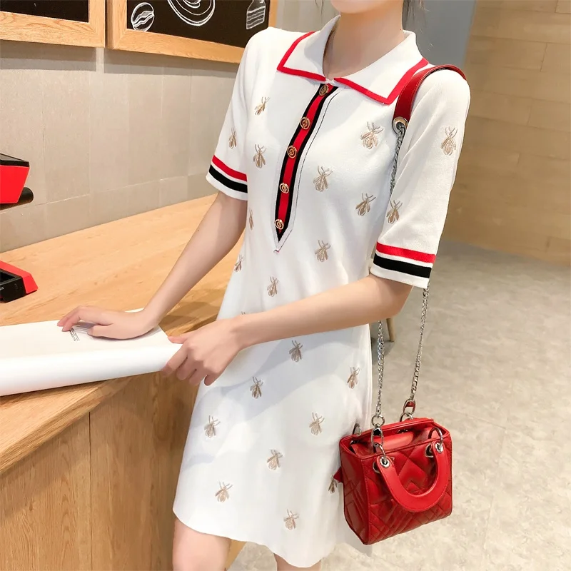 Women Dresses Summer Fashion Embroidered Short Sleeve Knit Slim Mini Dress 2021