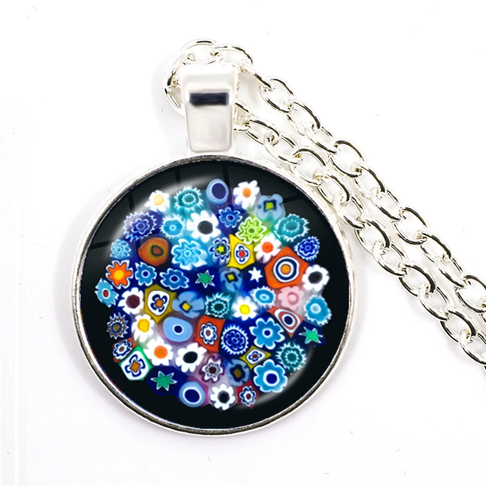 Murano Millefiori Pendant Necklace MultiColour Flower 25mm Glass Cabochon Necklace Jewelry For Women Men Gift Wholesale