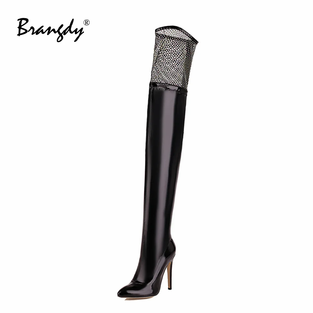 

Brangdy New Women Over The Knee Boots Fashion Thin High Heels Shoes Women Pumps Rhinestone Tulle Pointed Toe Women Modern Boots