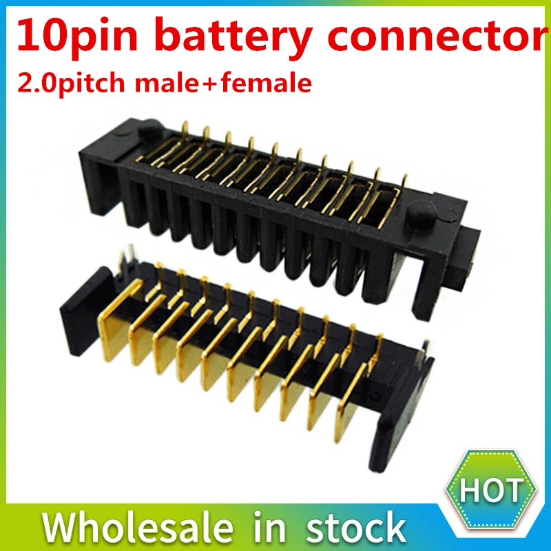 5Pcs 10Pin Laptop Battery Connector Pitch 2.0MM Holder Clip Slot Contact Male and Female Plug 180 degree bend foot  1pair