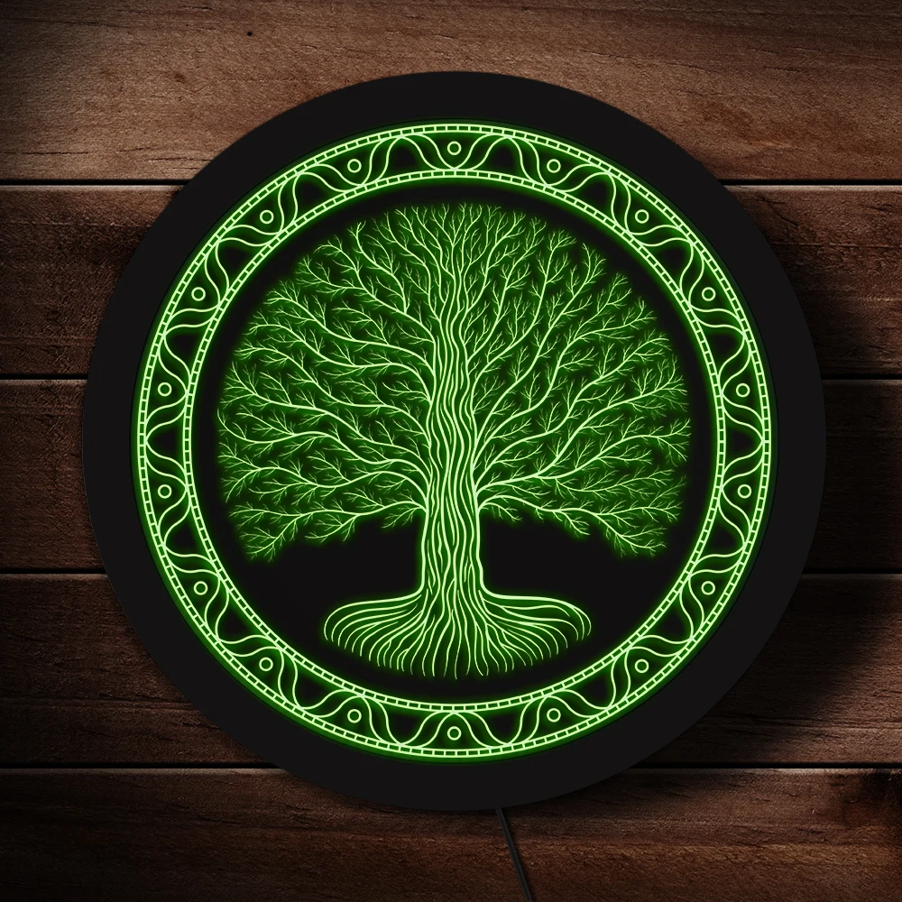 Druidic Yggdrasil Tree of Life Rounded LED Neon Sign Celtic Style Logo Gothic Mythology Minimalist Wall Art Lighting Decor Lamp