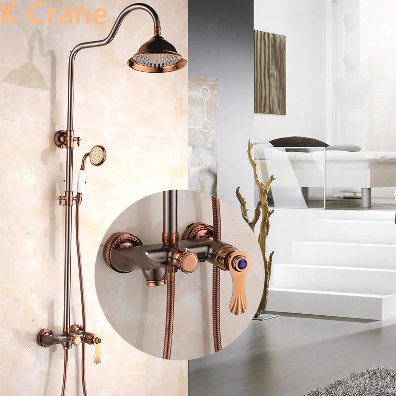 

ORB Rose Gold Shower Set Hot and Cold Water Mixer Bathroom Shower System Round Top Sprayer Wall Mounted Faucet Antique Brass Tap