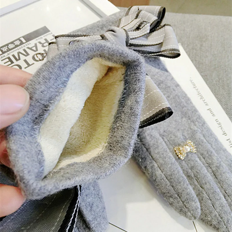 Women Winter Keep Warm Touch Screen Cashmere Double Layer Thicken Ring Decoration Bow Luxury Style Elegant Female Gloves