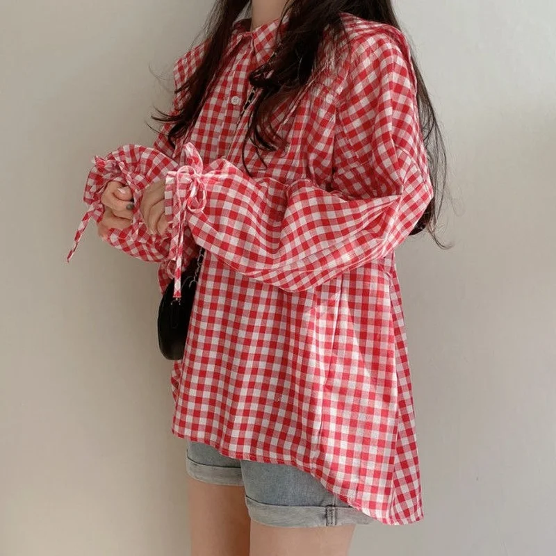 Shirts Women Plaid Peter Pan Collar Tops Design Clothing All-match Girls Lovely Puff-sleeve Korean Style Popular Tender Trendy