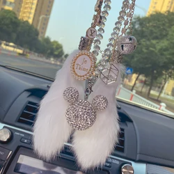 Luxury Diamond Rhinestone Cartoon Mickey Head Car Ornaments Crystal Tassels Pendant Mink Fur Car Mirror Hanging Decoration Women