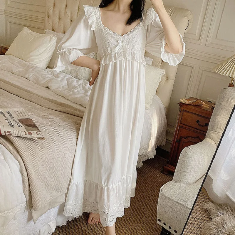 Hanxiuju Cotton Long Nightgowns For Ladies Princess White Embroidery Lace Loose Long Sleepwear Elegant Night Dress