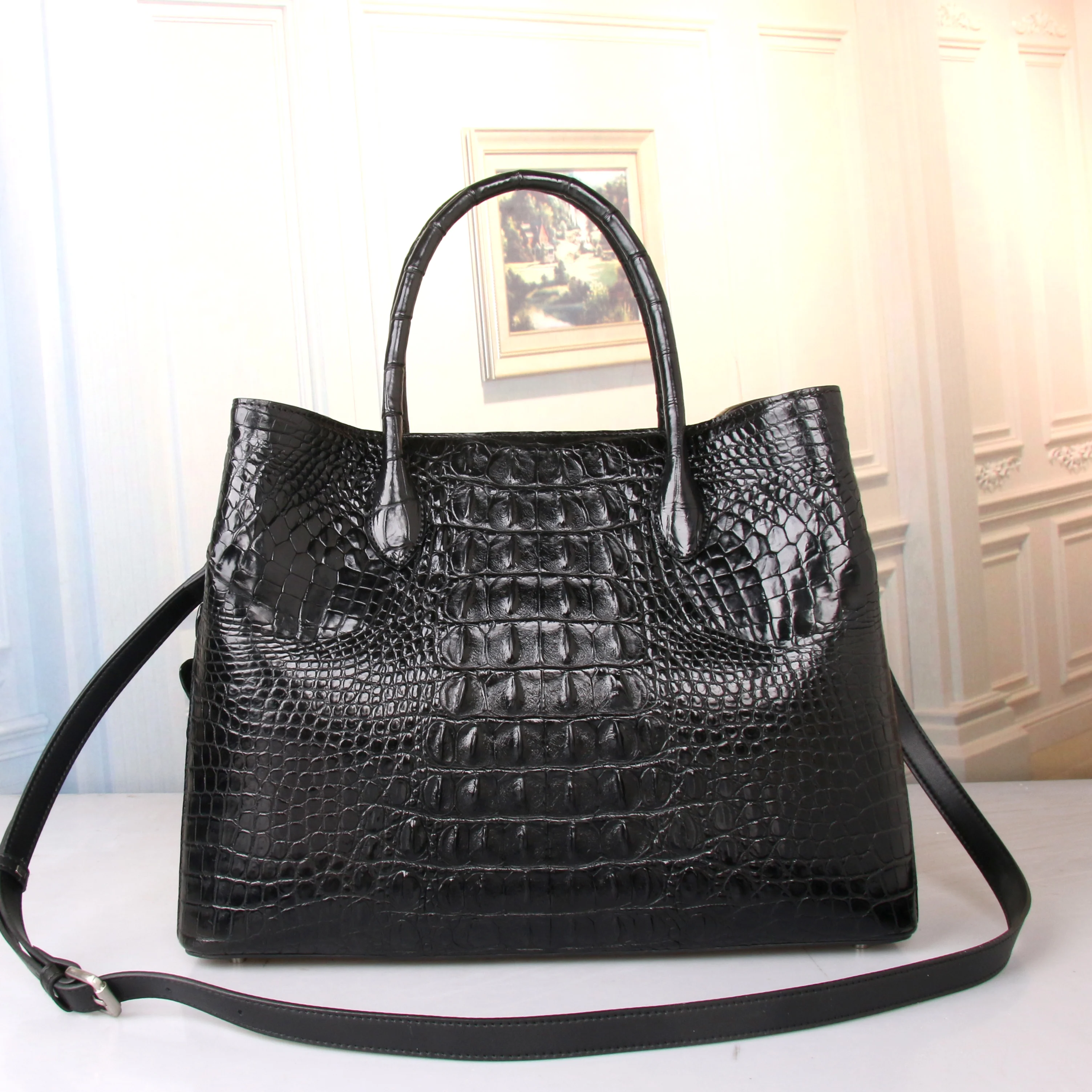 2019 latest 100% real genuine crocodile skin women tote handbag with cow skin lining burgandy black color free shipping