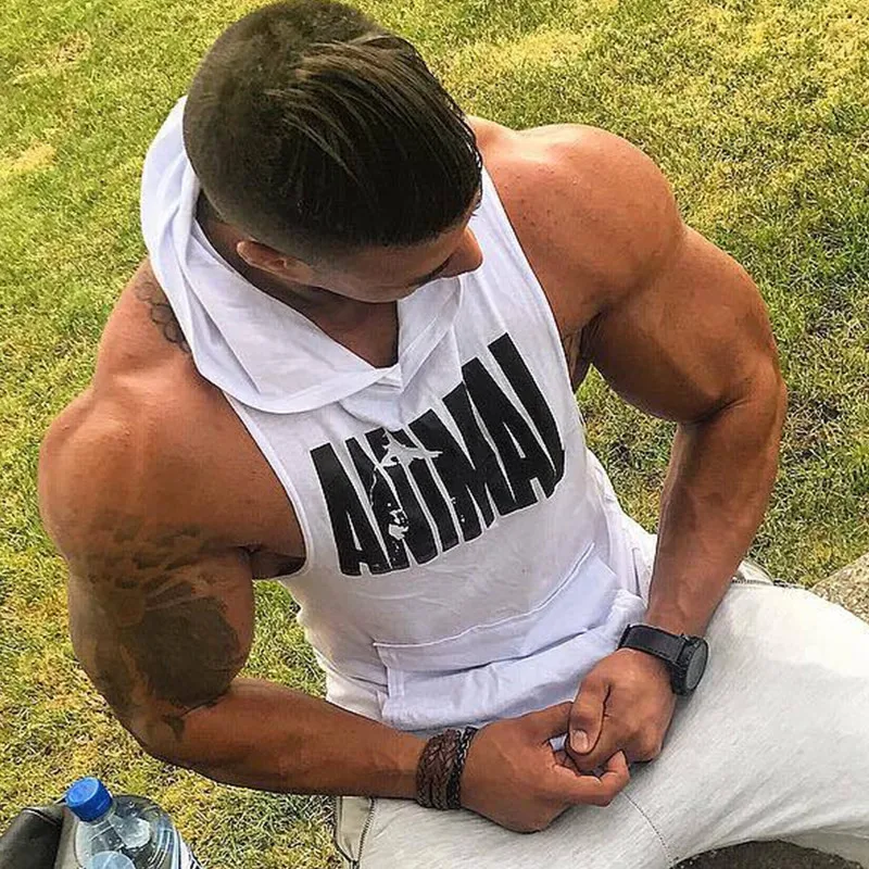 Summer Sleeveless Men\'s Gym Shirt Bodybuilding Fitness Muscle Hooded Tank Tops  Run Training 100% Cotton hood Singlet Shirt Tank