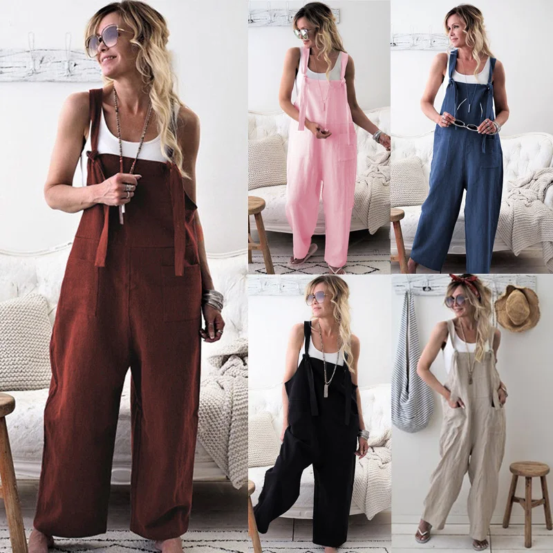 New Hot Casual Loose Wide Leg strap Jumpsuit Woman Cotton Linen Solid Pocket Romper Ladies Playsuits Overalls Large Size