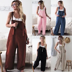 New Hot Casual Loose Wide Leg strap Jumpsuit Woman Cotton Linen Solid Pocket Romper Ladies Playsuits Overalls Large Size