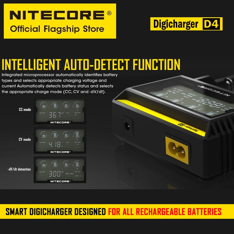 Original NITECORE D4 Digicharger LCD Smart Battery Charger for 18650 14500 16340 26650 A AA AAA Batteries with Free Car Charger