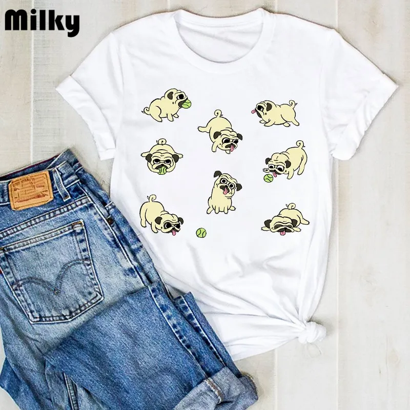 Women Lady Dog Pet Pug Coffee aesthetic Cartoon Goth Clothes Graphic T Tee Tshirt Womens Female Top Shirt Clothing T-shirt