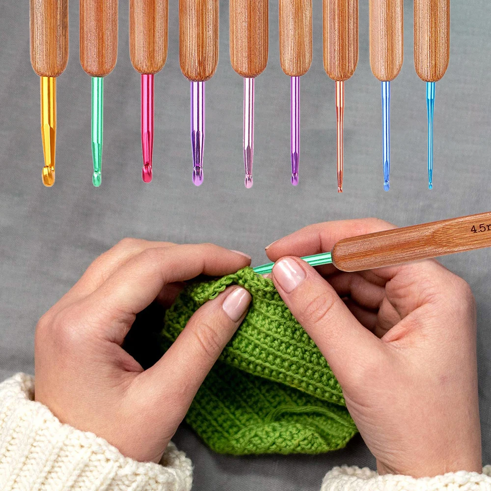 9Pcs Colorful Bamboo Handle Aluminum Crochet Hooks Knitting Needles Set 2-6mm Crochet for Weave Sewing Needles Tool