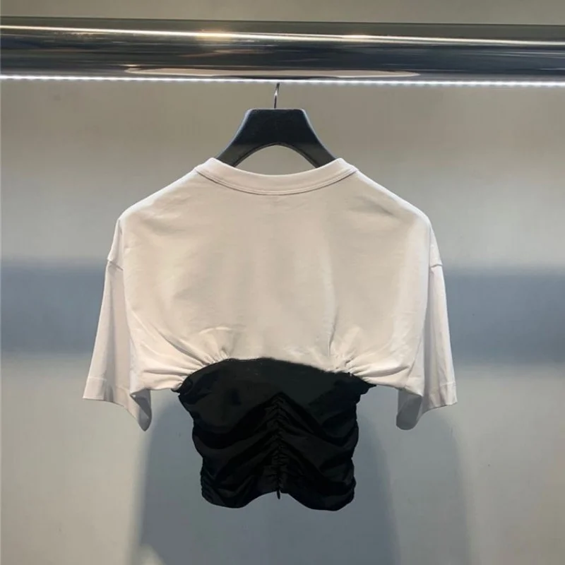 Women Fashion Slim Fit Summer Cropped Tops Short Sleeve Pleated Black White Panelled Short T-Shirt Ladies Casual Night Clubwear