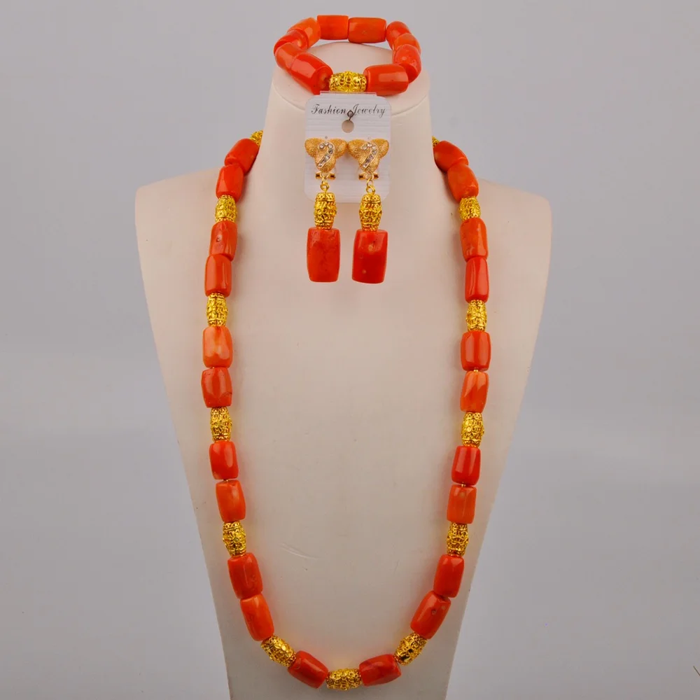 

Simple Orange Natural Coral Bead Necklace Nigeria Wedding Dress Accessories African Bride Wedding Jewelry Set AU-589