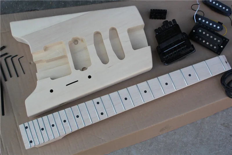 Factory customDIY kit semi-finished headless electric guitar with basswood body,maple neck,balck hardware,free shipping