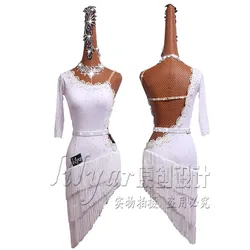 New Latin Dance Dress Latin Skirt Competition Dress Costumes Performing Dress Sparkly Rhinestone Customize Children White Tassel