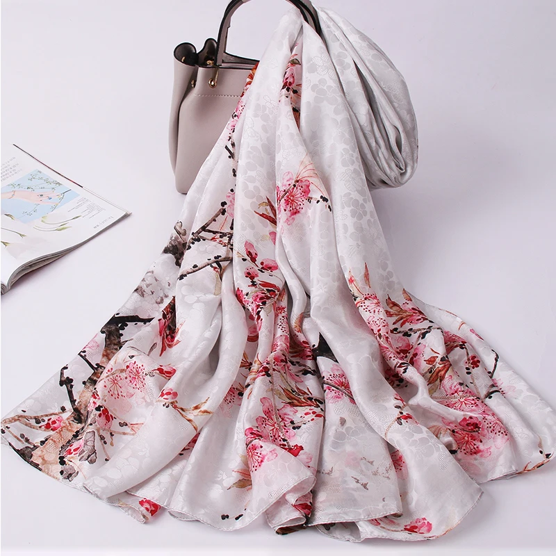 Lenço de seda pura mulher hangzhou seda echarpe impressão xales envoltórios foulard femme oco jacquard seda natural longo cachecóis