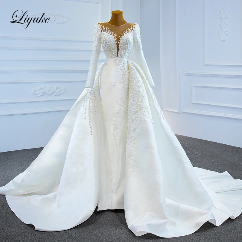 

Liyuke Exquisite Pearls Sexy Pearls V-Neck Full Sleeve Mermaid Wedding Dress With Gorgeous Satin Skirt Bridal Gown Lace Up