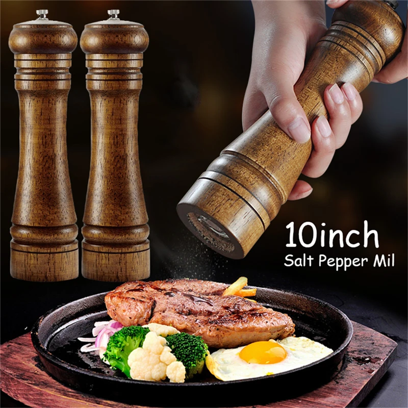 4PC 10inch Classical Oak Wood Pepper Spice Mill Grinder Set Handheld Seasoning Mills Grinder Ceramic Grinding Core BBQ Tools Set