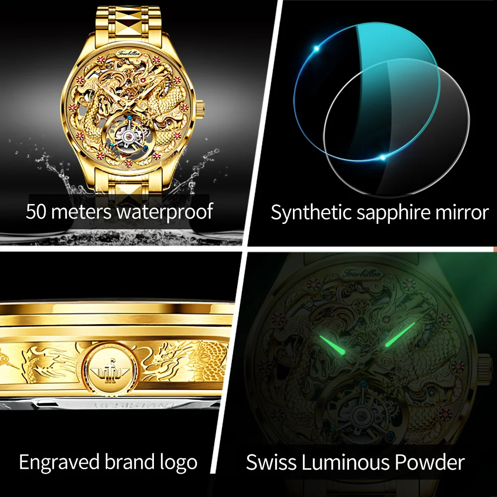 OUPINKE Tourbillon Automatic Mechanical Watches Top Luxury Gold Dragon Watch Royal Sapphire Mirror Skeleton Waterproof Man Watch