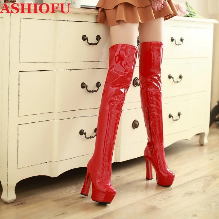 ASHIOFU Hot New Style MLL-M-919 Ladies Thick Heels Boots Patent Leather Sexy Wedding Party Over Knee Boots Evening Fashion Boots