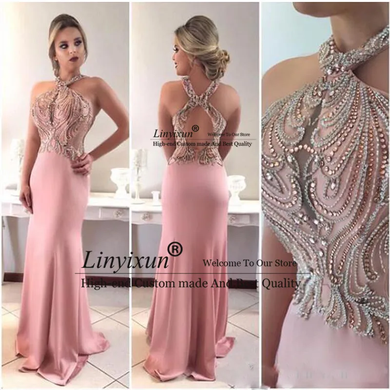 Sexy Pink Mermaid Prom Dresses Halter Keyhole Crystal Beaded Sleeveless Long Evening Dress Hollow Back Dubai Robe de soiree