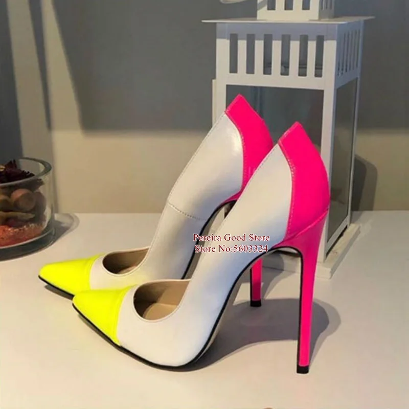 

Sexy Pointed Toe Patchwork Dress Shoes Yellow Black Pink Multicolor Leather Stiletto Heel Shallow Pumps Slip-on Banquet Shoes